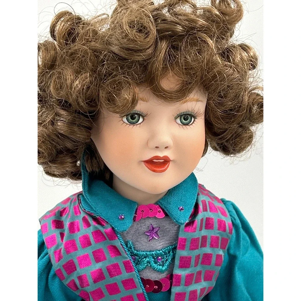 Vintage Porcelain Cowgirl Doll Teal Western Outfit Fringed Skirt with Stand